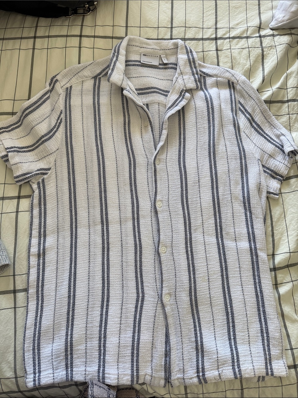 ASOS White Short Sleeve Button-Down Shirt with Navy Stripes OVERSIZED-NWOT